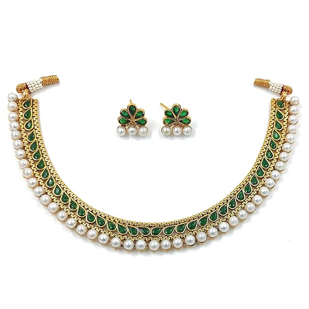 I Jewels Gold Plated Traditional Green Choker Necklace Jewellery Set For Women/Girls (MC120) Mytrendzcart