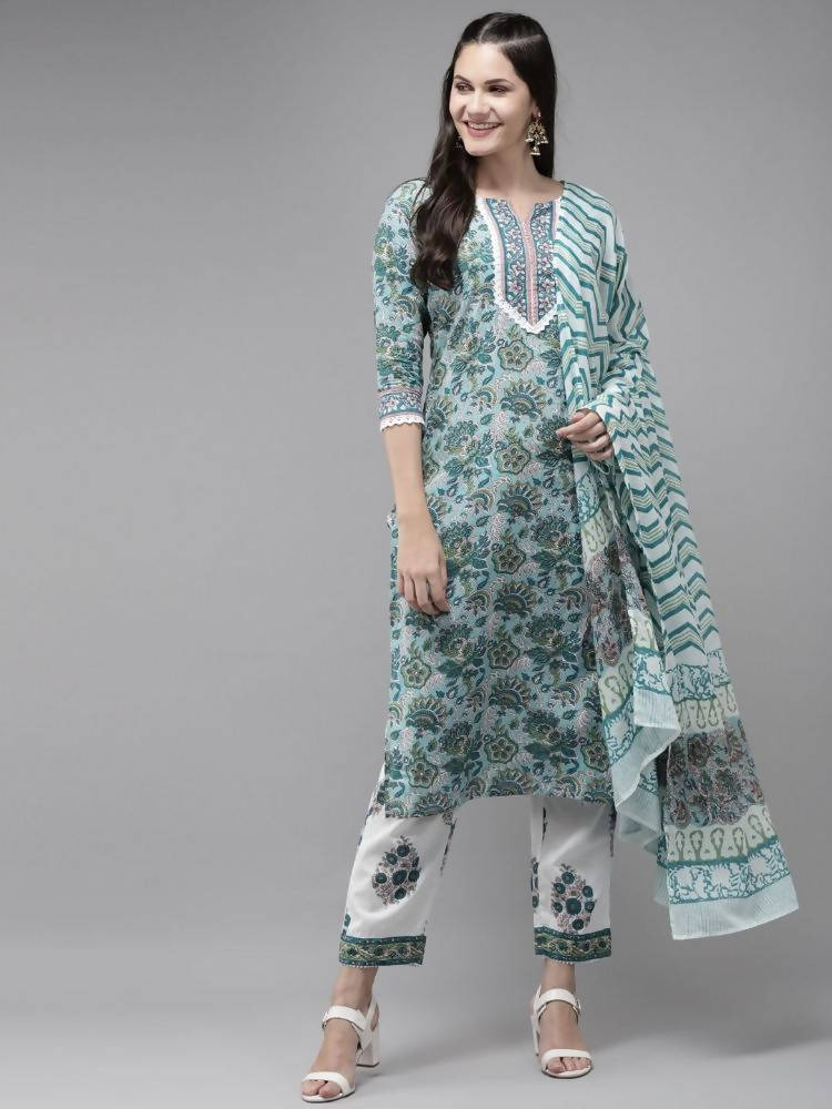 Yufta Green Hand Block Printed Kurta with Trouser and Dupatta -S Mytrendzcart