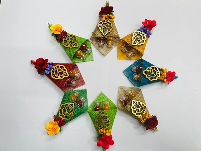 Handmade Bouquet Shape with Ganesh Ji and pasupu(Haldi)&kumkum Ethnic Latest tamboolam Return Gifts 3 * 2inches (20 pcs(mixcolor)) Mytrendzcart