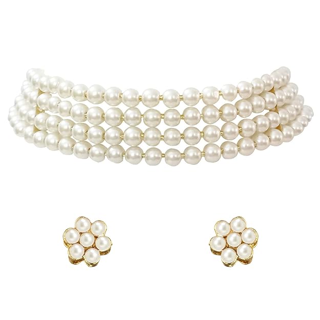 Peora Gold Plated Pearl Beaded Choker Necklace with Stud Earrings for Women Traditional Stylish Jewellery Set Mytrendzcart