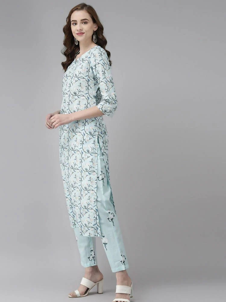 Yufta Women Blue & White Floral Printed Pure Cotton Kurta with Trouser & Dupatta -S Mytrendzcart