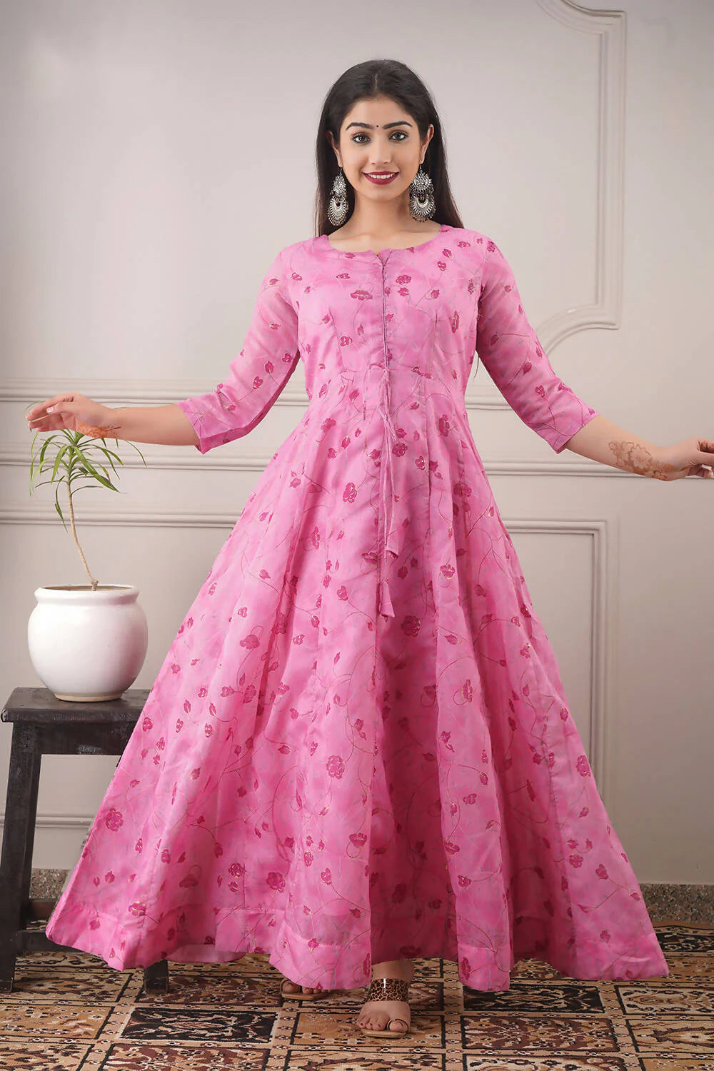 Partywear Designer Hand Screen and Foil Print pink Pure chanderi Gown - Anbazaar -M(38) Mytrendzcart