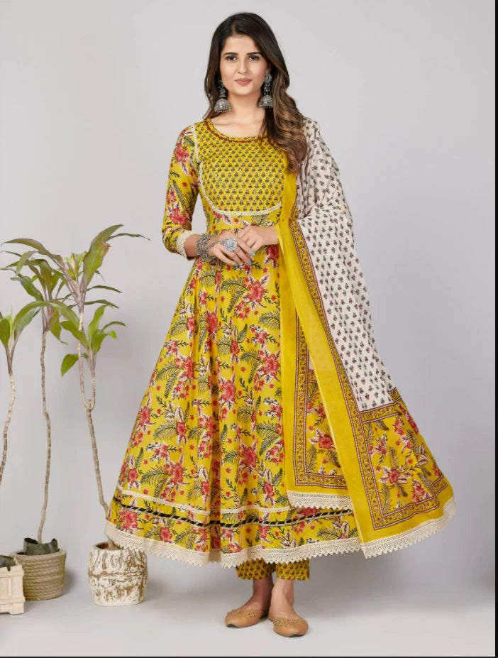 NOZ2TOZ Women's Yellow Anarkali Kurta & Pant With Dupatta Set- (3pcs Set) -S Mytrendzcart