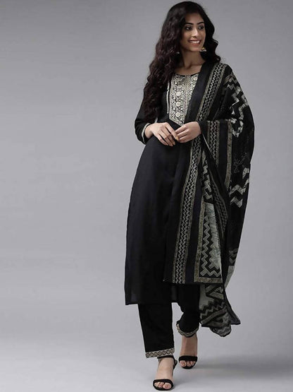 Yufta Women Black & Beige Yoke Design Kurta with Trouser & Dupatta -L Mytrendzcart