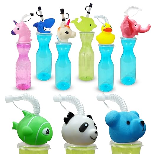 Party Propz Birthday Return Gifts For Kids -Set Of 5Pcs Sippers|Animal Shape Straw Sipper Bottle For Kids|Kids Return Gifts For Birthday|Straw Bottle For Kids Multicolor - Vinyl, 400 Ml Mytrendzcart