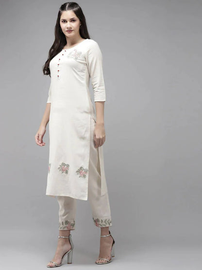 Yufta Women White Ethnic Motifs Printed Thread Work Kurta with Trouser & With Dupatta -XXL Mytrendzcart