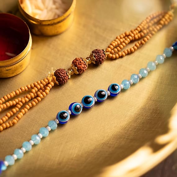 Phool Rudraksha & Evil Eye Protection Rakhi Set of 2 for Brother | Rudraksha & Nazar Combo | Designer Rakhi for Bhai | Raksha Bandhan Set