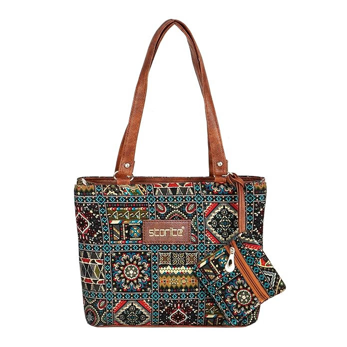 Storite Women's Tote Bag With Leather Handles & Embroidery Printed Handbag With Zip Pockets, Shoulder Tote Bag And Handbag For Office And College (30x25x9.5Cm), Multicolor - Mytrendzcart