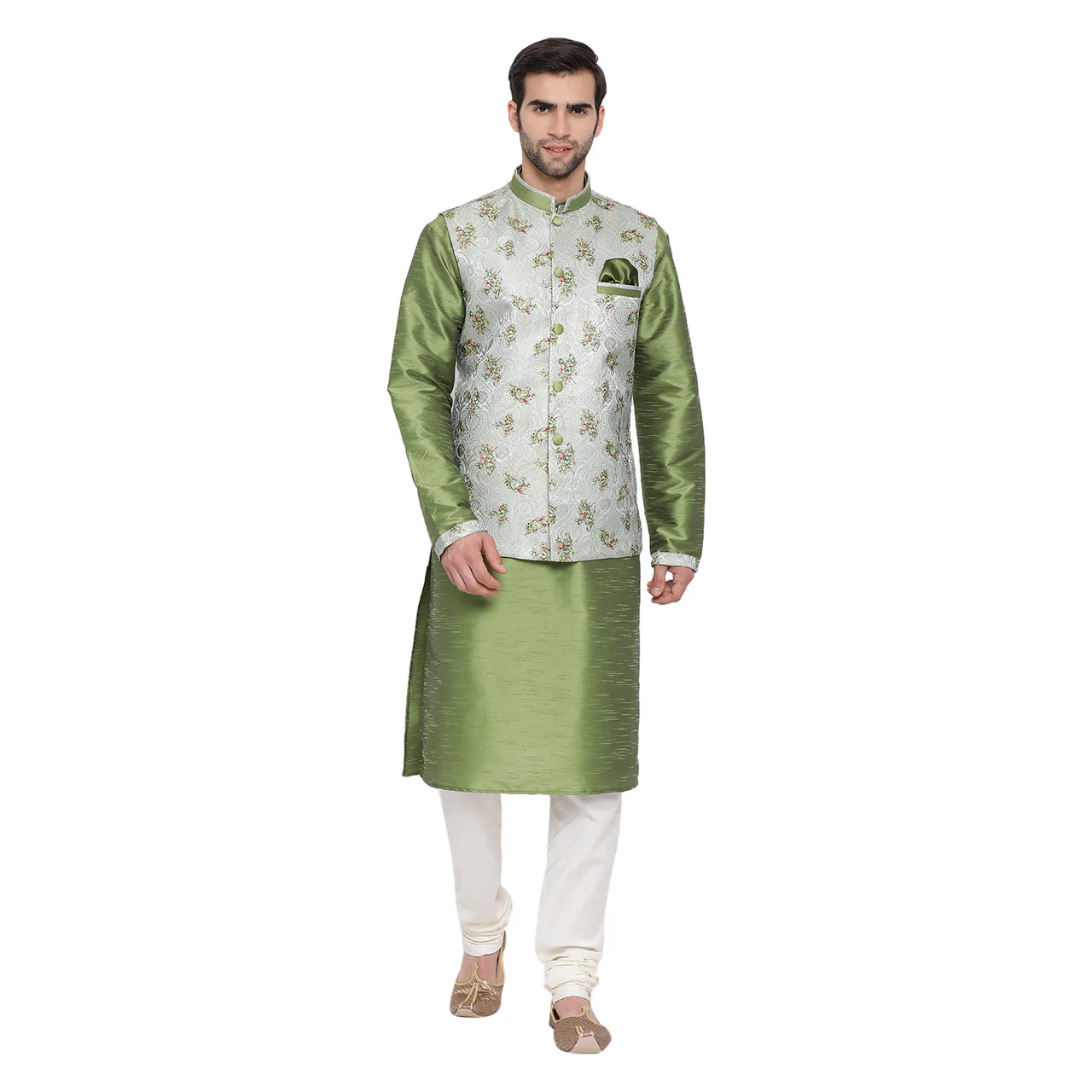 Vastramay Men's Green Cotton Silk Jacket, Kurta and Pyjama Set -36 Mytrendzcart