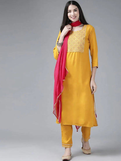 Yufta Women's Mustard Rayon Kurti With Pant Dupatta Set Mytrendzcart