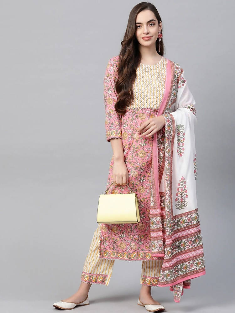 Yufta Women Pink & Yellow Handblock Printed Pure Cotton Kurta with Trouser & Dupatta Mytrendzcart