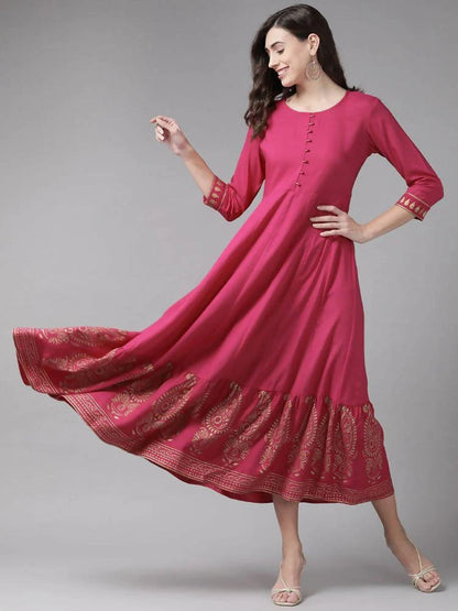 Yufta Magenta Ethnic Motifs Ethnic Maxi Dress -M Mytrendzcart