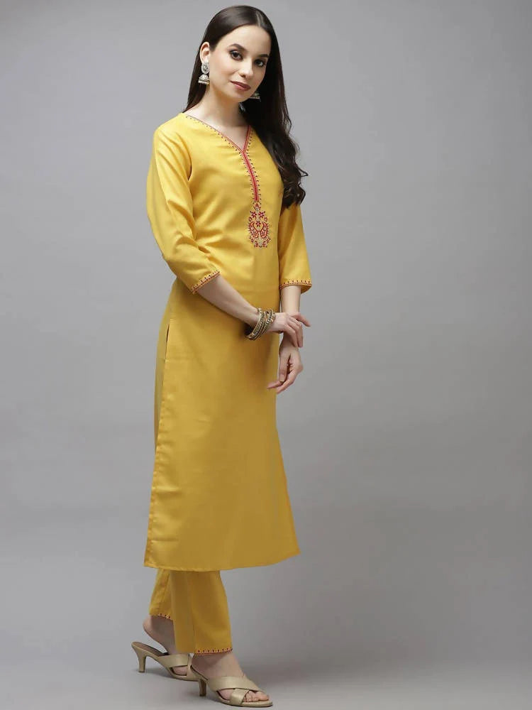 Yufta Women Mustard Yellow Layered Thread Work Kurta with Trouser and Dupatta Mytrendzcart