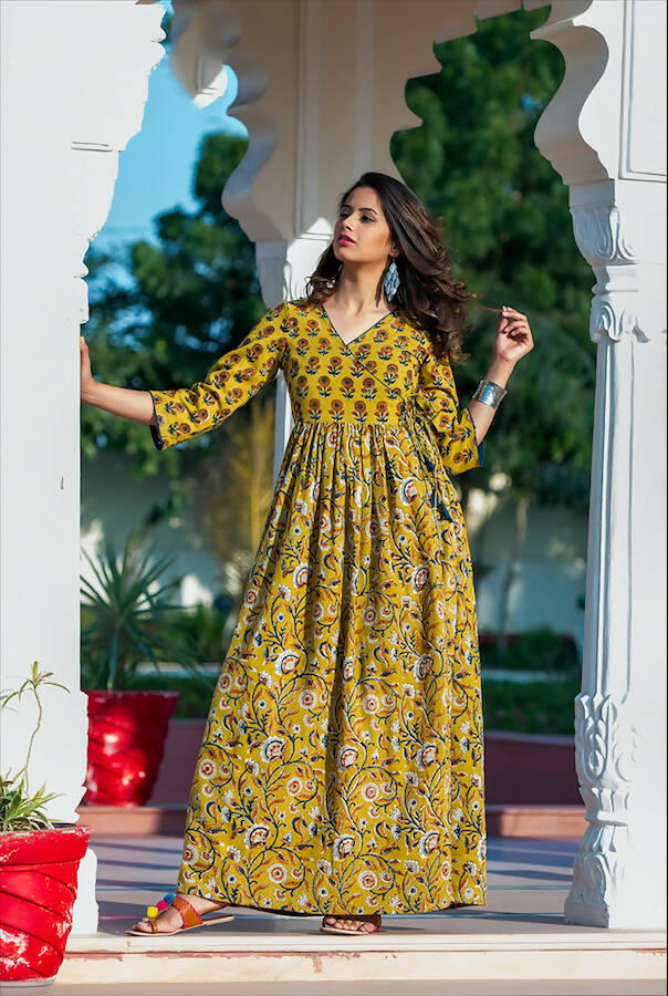 Partywear Designer Yellow Pure Maslin Gown - Anbazaar -L(40) Mytrendzcart