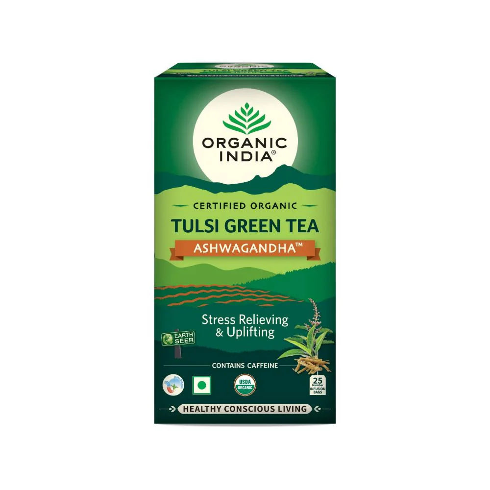 Organic India Tulsi Green Tea Ashwagandha - Herbal Sleep Tea, Caffine Free -Pack of 1 Mytrendzcart