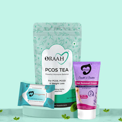 Oraah PCOS PCOD Care Combo (Spearmint Tea, Hair Removal Cream & Intimate Wipes) -Combo Mytrendzcart