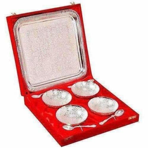 Silver Plated Brass Bowl Set with Tray - Pack of 9 Mytrendzcart