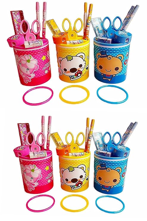 Gifts Online Birthday Party Return Gifts Stationary Set-of 6-One Set Includes Pen Stand,2 Pencils,Rubber,Sharpner,Paper Scissor,Scale Mytrendzcart