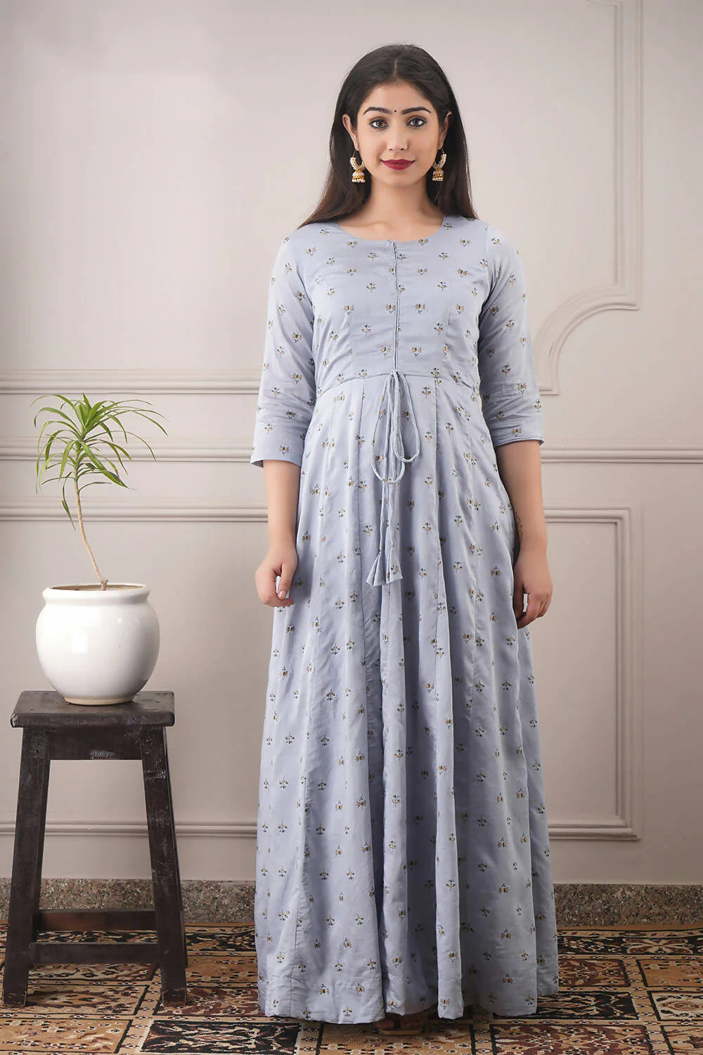 Partywear Designer Hand Screen and Foil Print Lightsteelgrey Pure chanderi Gown - Anbazaar -M(38) Mytrendzcart