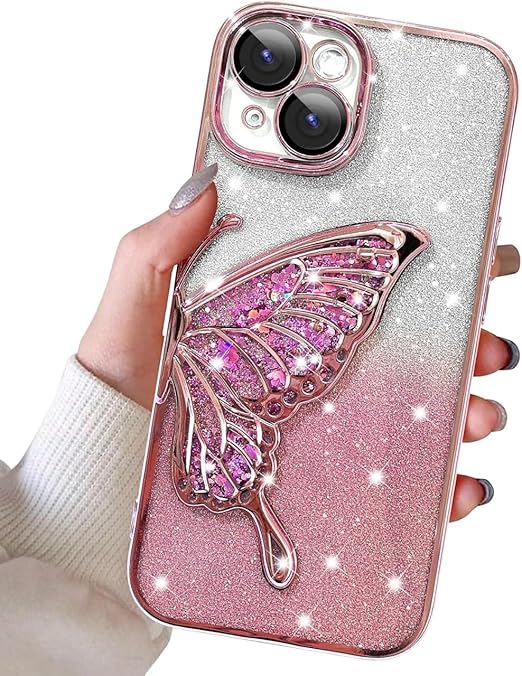 Mobistyle Designed For Iphone 14 Cover With Luxury Glitter Cute Butterfly Plating Design Aesthetic Women Teen Girls Back Cover Cases For Iphone 14 (Butterfly |Pink) - Silicone - Mytrendzcart