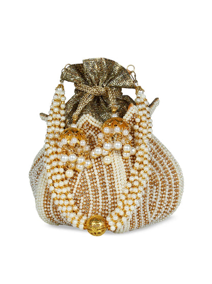 Anekaant White & Gold-Toned Embellished Clutch Mytrendzcart