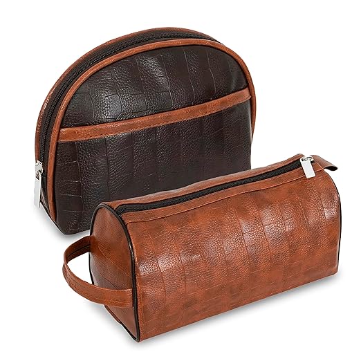 SNDIA 2-Set PU Leather Toiletry Travel Bags for Men and Women, Shaving Kit Bag, Makeup Cosmetic Pouch for Women and Men (Him & Her) Brown (18CM x 23CM x 7CM) - (24 CM x 15CM x 10CM) - Mytrendzcart