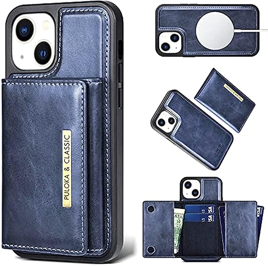 PULOKA Wallet Back Case - Compatible with iPhone 14 - Vegan Leather Phone Cover - Detachable Card Holder Case with Kickstand - Shockproof, Anti Scratch & Raised Edges for Protection - Blue - Mytrendzcart