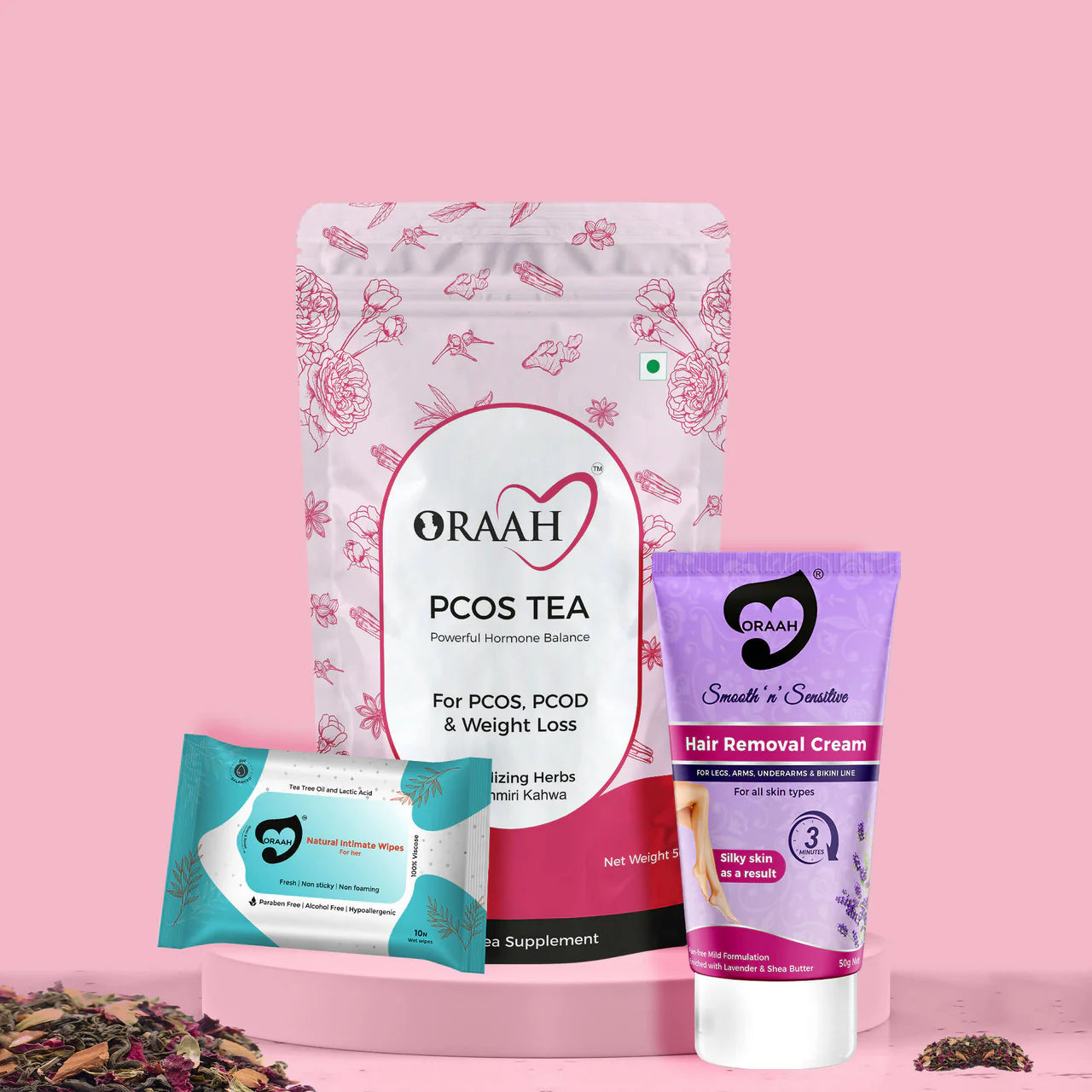 Oraah PCOS PCOD Care Combo (Kahwa Tea, Hair Removal Cream & Intimate Wipes) -Combo Mytrendzcart