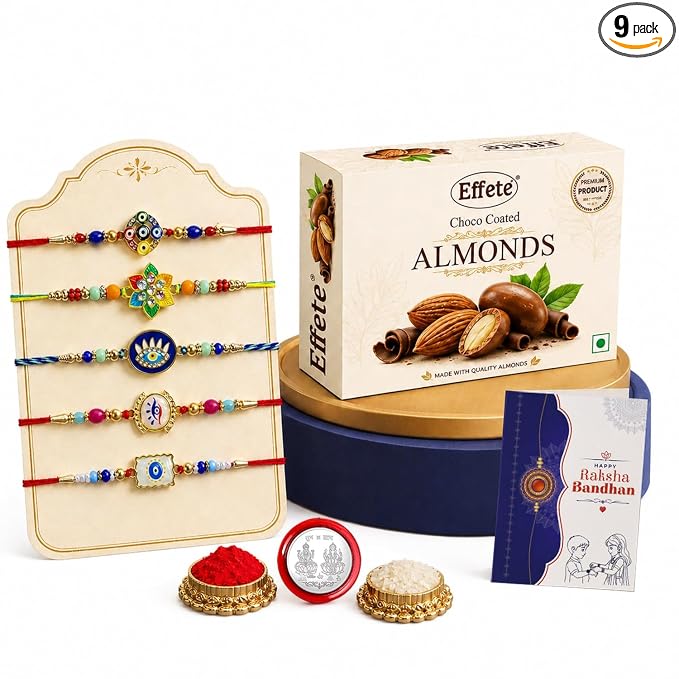 DeoDap Chocolate with Rakhi Combo for Brother – Multicolored Beads Rakhi (5 Pc) with Silver Color Pooja Coin & Greeting Card, Choco Coated Almonds (32 Gm), Raksha Bandhan Celebration Combo for Bhai