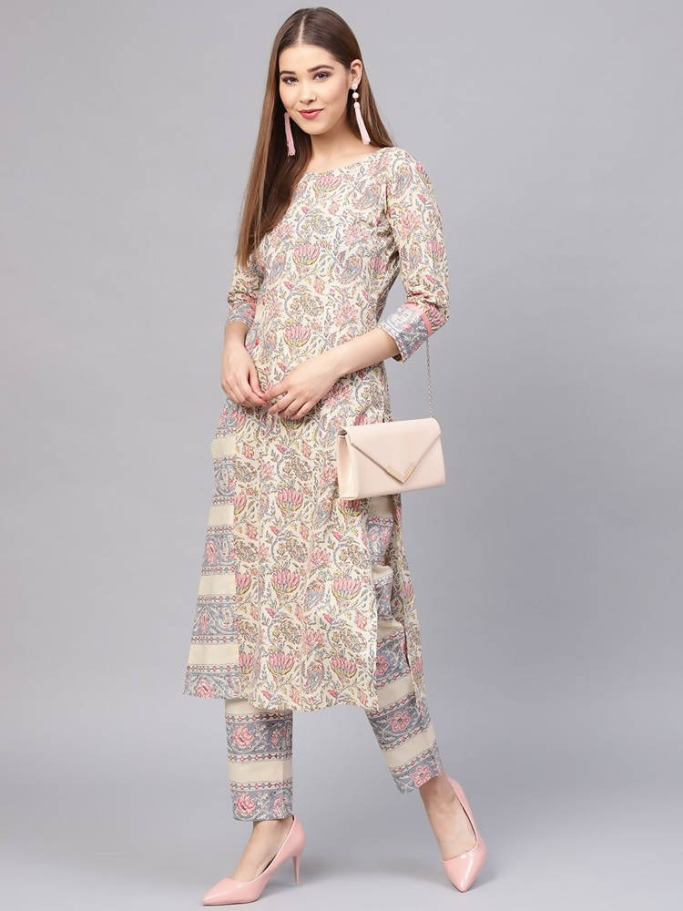 Yufta Women Beige & Grey Printed Kurta with Trouser -S Mytrendzcart