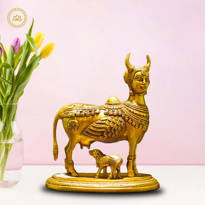 Brass Kamadhenu with Calf Idol - Divine Source of Fulfillment and Nourishment Mytrendzcart