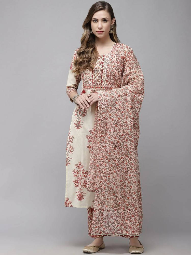 Yufta Women Off White printed Kurta with Trouser & With Dupatta -S Mytrendzcart