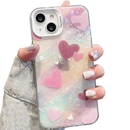 mobistyle Designed for iPhone 14 Cover Cool Shining Shell Love Heart Pattern Design with TPU Edges Phone Back Cover Case for Girls Women (Bling Heart Pink) - Mytrendzcart