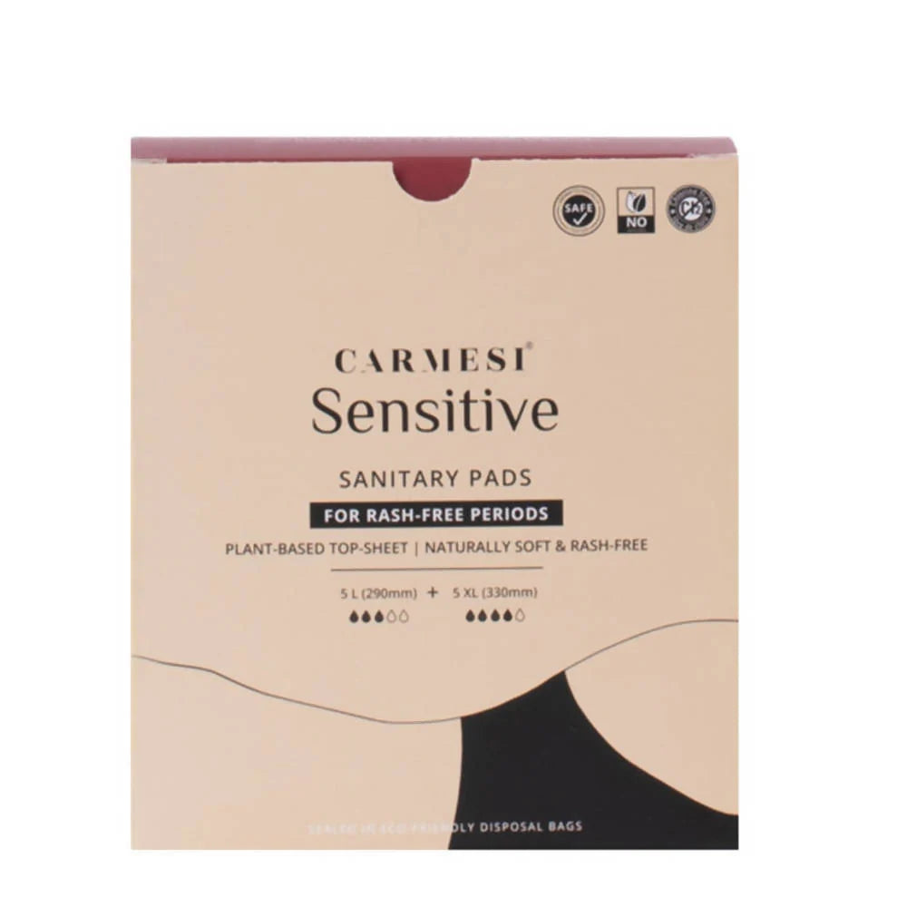 Carmesi Sensitive - Sanitary Pads for Rash-Free Periods -10 Pads (5 L + 5 XL) Mytrendzcart