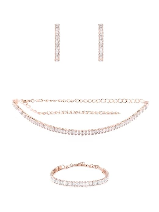 ZAVERI PEARLS Rose Gold Dazzling Baguette Cubic Zirconia Necklace Earring & Bracelet Set For Women-ZPFK12570 Mytrendzcart