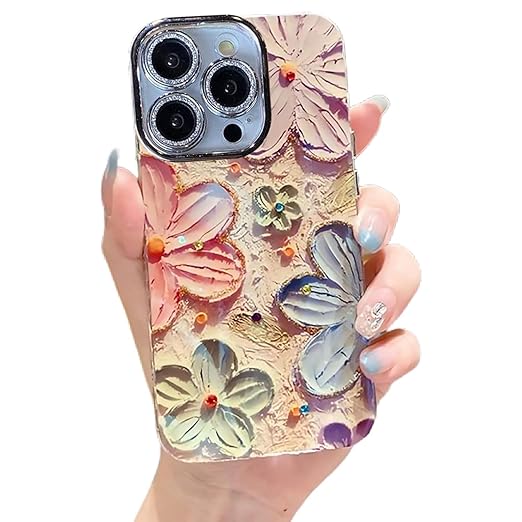 Elzzi Compatible with iPhone 16 Pro Case 3D Laser Flower Oil Painting Cute Colorful Blue Ray Bumper with Full Camera Protection Shockproof PC+TPU Glossy Shiny Cover for Girls Women, Pink - Mytrendzcart