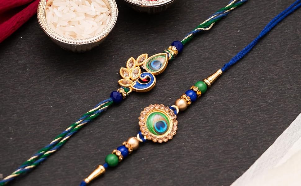 CraftVatika Peacock Rakhi Set for Brother Rakhis for Rakshabandhan, Mor Pankh Rakhi for Bhai Bhaiya Set of 2 for Man Boy Kids Combo for Rakshabandhan Decor Tillak Set