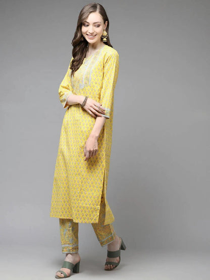 Yufta Yellow and Blue printed kurta with Trouser and Dupatta -M Mytrendzcart