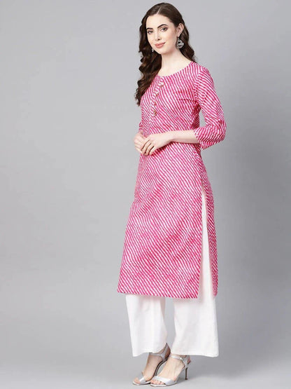 Yufta Women Pink & White Leheriya Print Straight Kurta -S Mytrendzcart