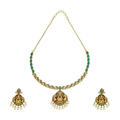 Kushal's Fashion Jewellery Green Gold Plated Ethnic Antique Necklace Set - 415581 Mytrendzcart