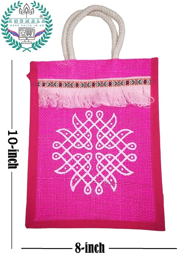 Anumala® Jute Bags with Contrast Kolam Print for Return Gifts | Thamboolam And Jute Bags | Wedding Return Gifts | Birthday Return Gifts | Event Return gifts Bag | Multicolor 8x6x4 inches… Mytrendzcart