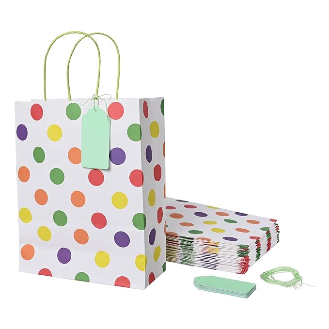 Suffix Retail ® - (Pack of 20) Polka Dots Paper Bags for Return Gifts with Gift Tags & Threads/Gift Bags For Corporate Events (12X8.7X3 inches) | Party Favor Bags for Kids Birthday - 100GSM Mytrendzcart