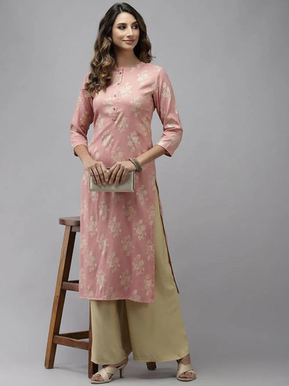 Yufta Women Pink Floral Printed Pastels Cotton Kurta -S Mytrendzcart