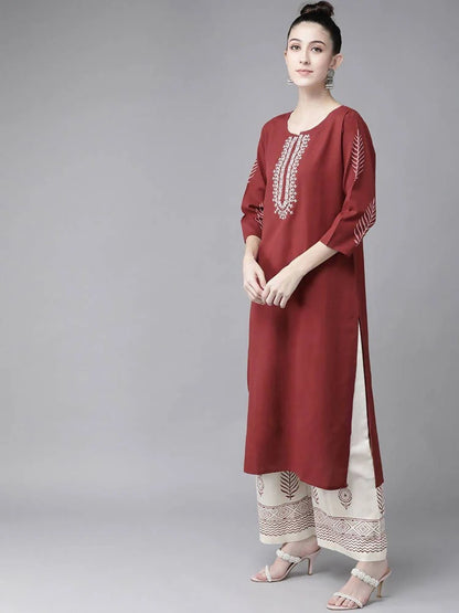 Yufta Maroon & Off White Embroidered Dupatta Set -S Mytrendzcart