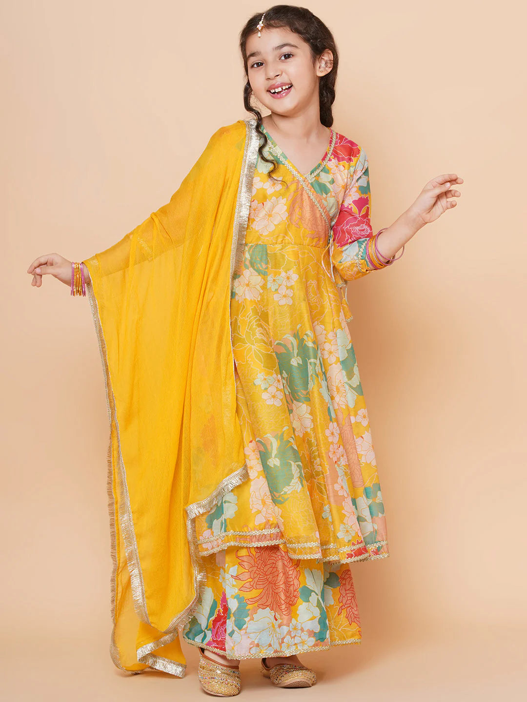 Girls Yellow Multi Floral Angrakha Gotta Patti Kurta Sharara set With Dupatta for Kids - Bhama -3-4Y Mytrendzcart