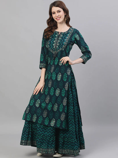 Ishin Women Navy Blue Printed Kurta with Skirt -S Mytrendzcart