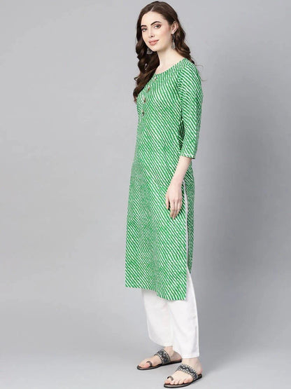 Yufta Women Green & Off-White Leheriya Dyed Straight Kurta -S Mytrendzcart