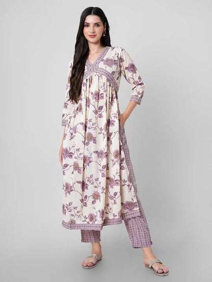 Malishka Women's Lavender Cotton Floral Printed Kurta Set With Dupatta -S Mytrendzcart