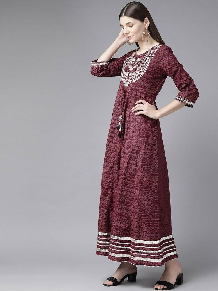 Yufta Women Maroon Geometric Printed Bell Sleeves Mirror Work Cotton Kurta Mytrendzcart