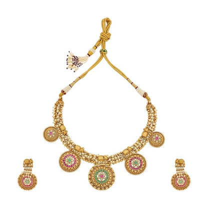 Fashion Jewellery Ruby-Green Gold Plated Ethnic Antique Necklace Set - 409891 Mytrendzcart